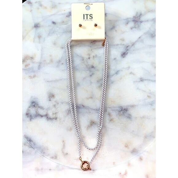 ITS sense White Enamel Double Box Chain Faux Clasp Pendant Earring Set NWT - Picture 1 of 6